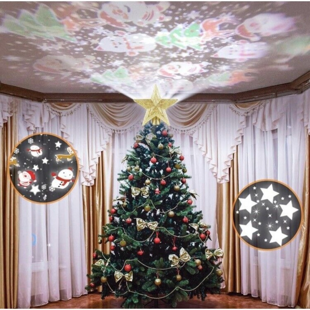 Christmas Tree Topper Lighted 3D Hollow Golden Star with Rotating Projection Lig